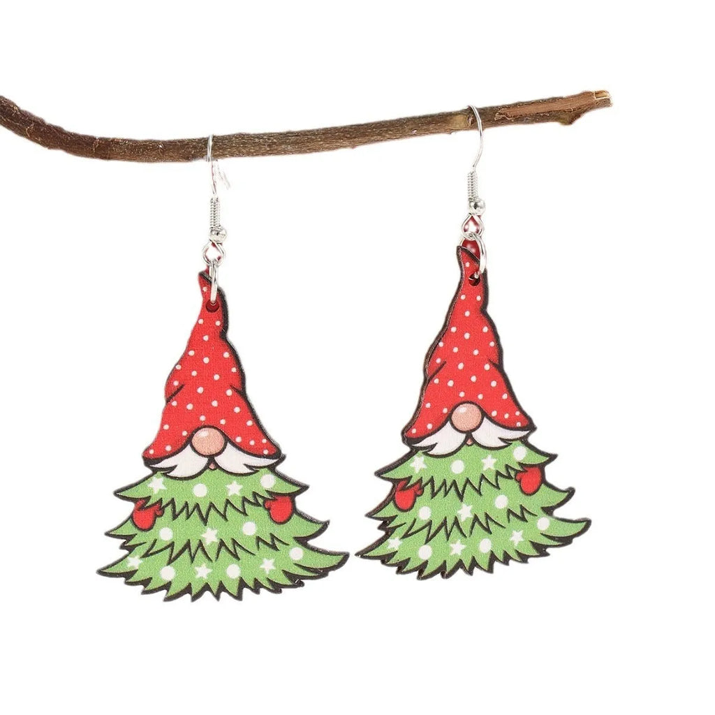 Wooden Christmas earrings with printed tree and snowman geometric designs