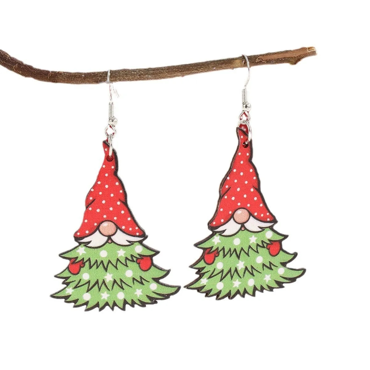 Wooden Christmas earrings with printed tree and snowman geometric designs