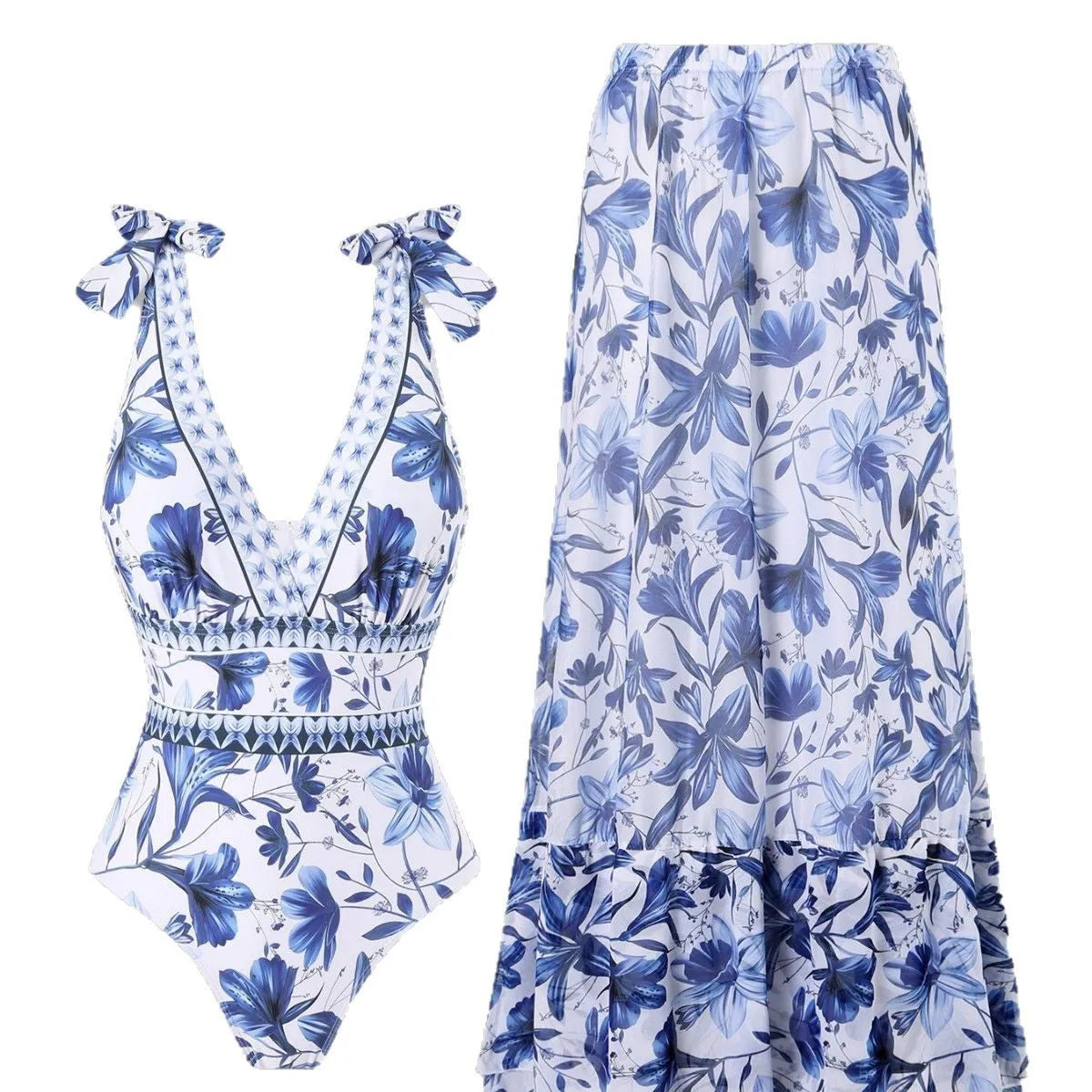Women’s high waist one-piece bikini swimsuit with chiffon dress, quick-drying nylon polyester fabric, sleeveless, solid colour, sizes S to XL
