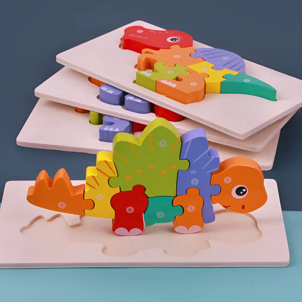 Wooden 3D puzzle pieces assembled into dinosaur models for children's educational play.