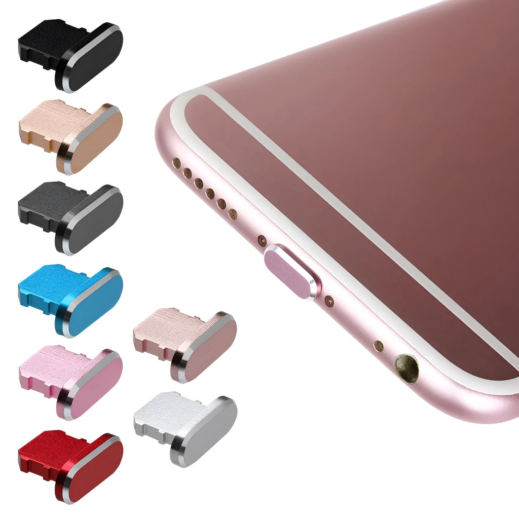 Aluminium alloy dust plug for iPhone charging port in gold, silver, blue, red, grey, black, and rose gold colours.