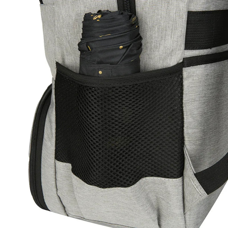 Oxford cloth insulated backpack with curved shoulder straps showing dry-wet separation compartments in light grey colour