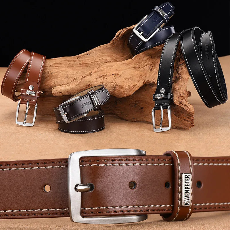 Men's genuine cowhide leather belt with alloy pin buckle in black colour