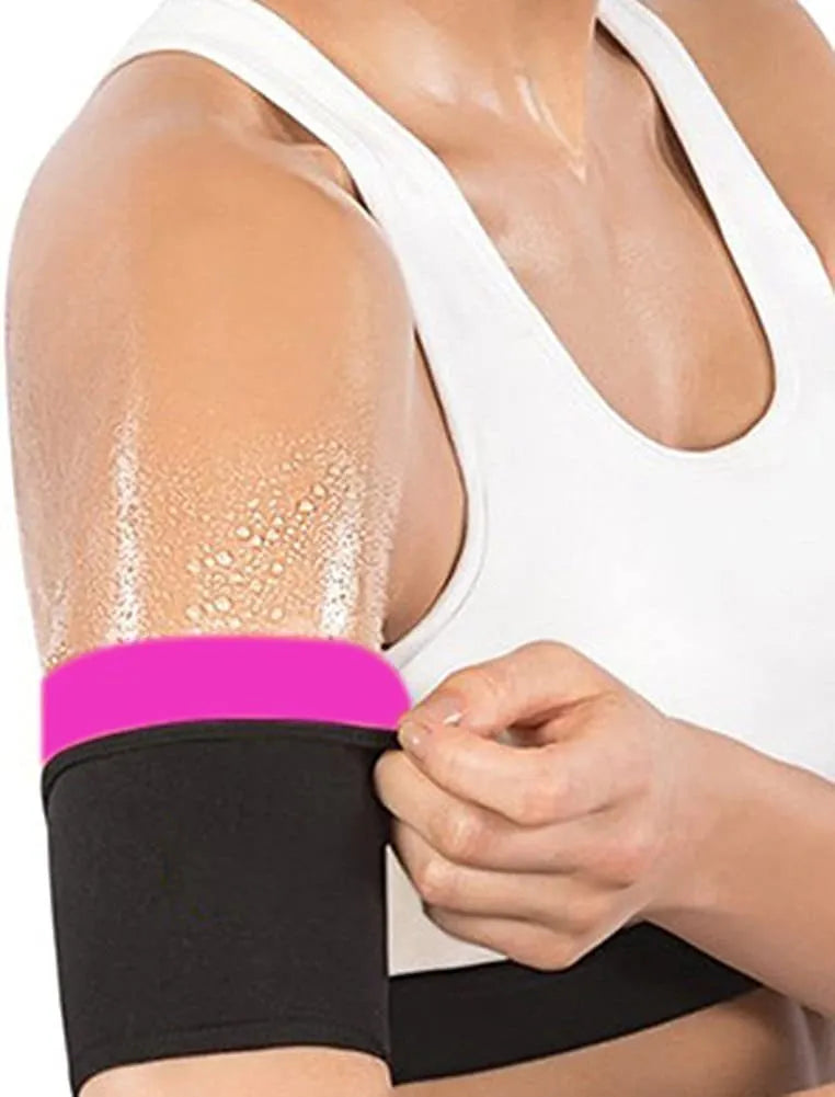 Blue adjustable elastic arm sweatband with absorbent inner layer, shown with included binding strap.