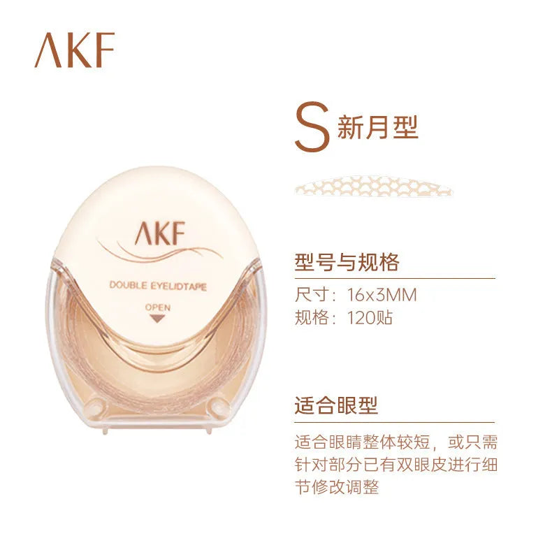 Roll of transparent lace double eyelid stickers, 120 pieces, showing Crescent and Olive shape options.