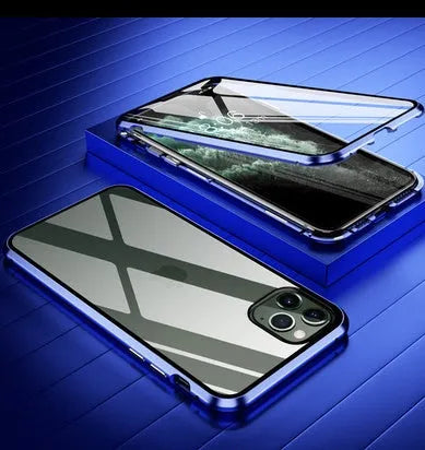 Closed clamshell anti-spy iPhone case in black showing tempered glass back and metallic Faraday cage interior.