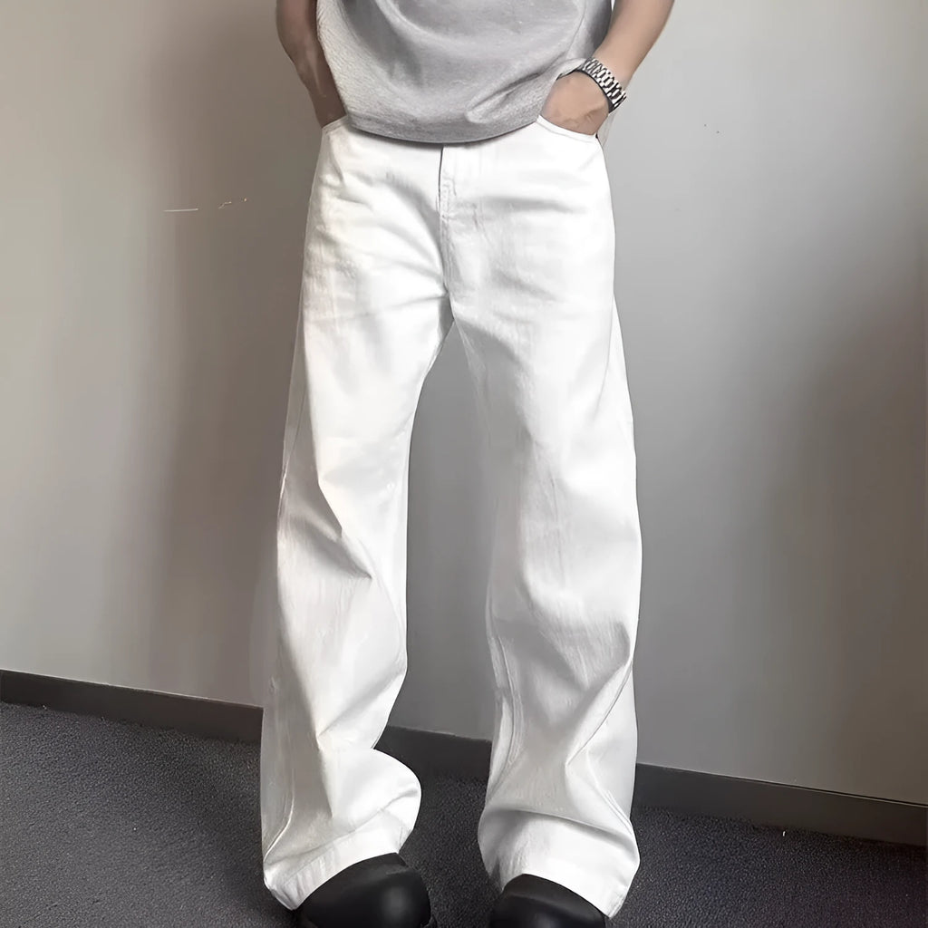 Men's white straight leg jeans with loose wide leg opening and American high street styling