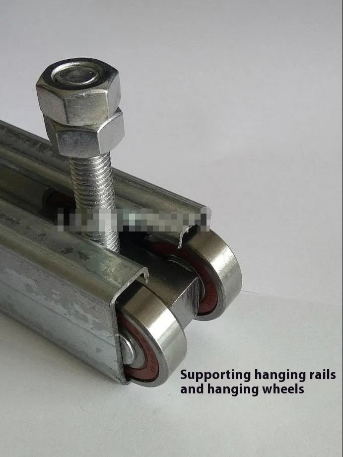 Heavy duty steel door-sliding hanging wheel set with square steel wheel and M12 galvanised lifting ring on industrial slide rail