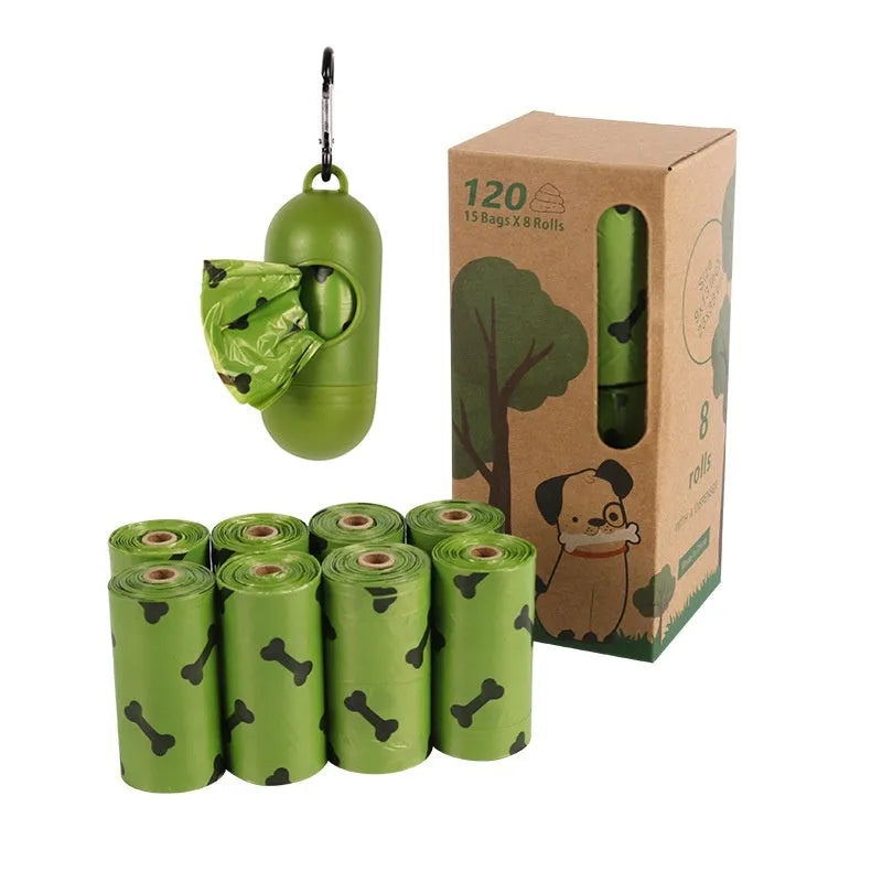 Army green degradable dog poop bags with black bone print, 23x33cm size
