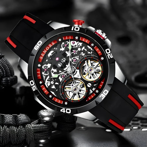 Automatic mechanical men's watch with luminous hands and hollow skeleton dial in blue or red.