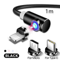 Black magnetic charging cable with L-shaped aluminium connectors and micro USB, Lightning, and Type-C magnetic plugs.