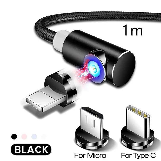 Black magnetic charging cable with L-shaped aluminium connectors and micro USB, Lightning, and Type-C magnetic plugs.