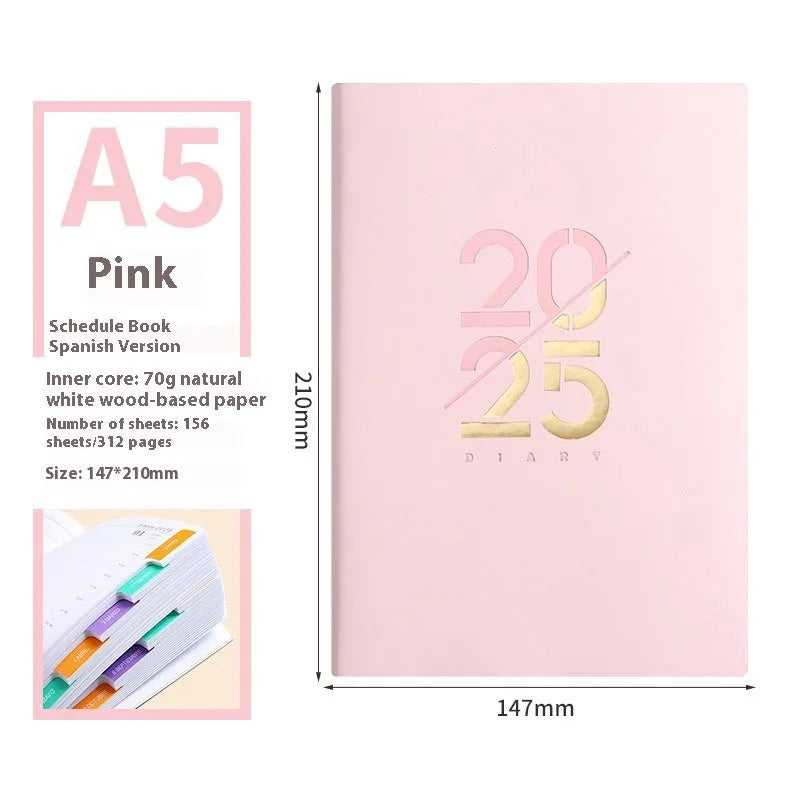 A5 2025 daily planner notebook with soft faux leather cover in multiple colours, open to show lined pages.