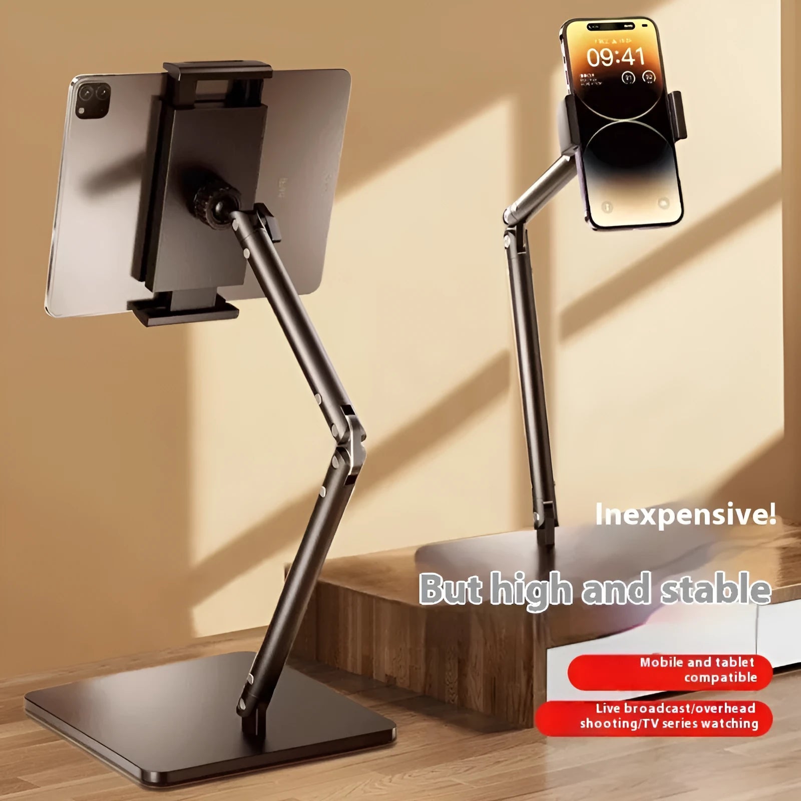Alloy desktop phone bracket with square double arms and universal adjustment for mobile devices