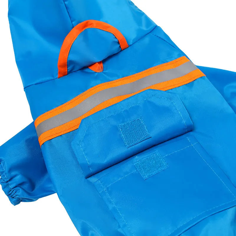 Pet reflective raincoat in orange on a small dog with reflective strip visible on the back