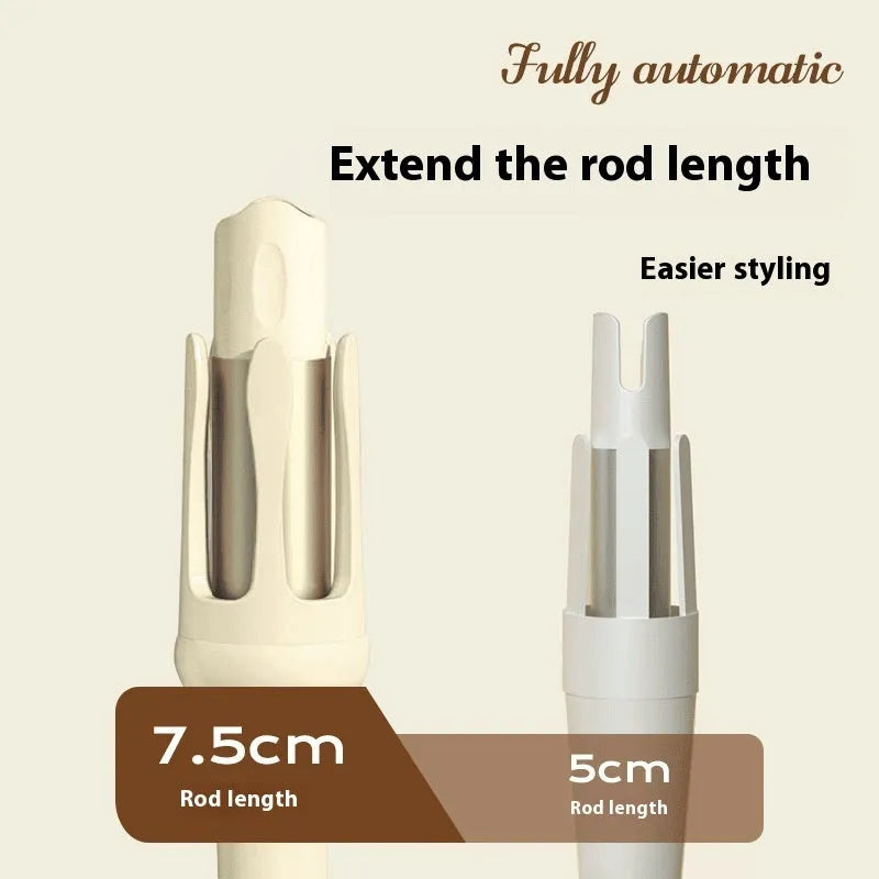 White and pink automatic hair curler with 32mm ceramic barrel and international power plugs on a table.