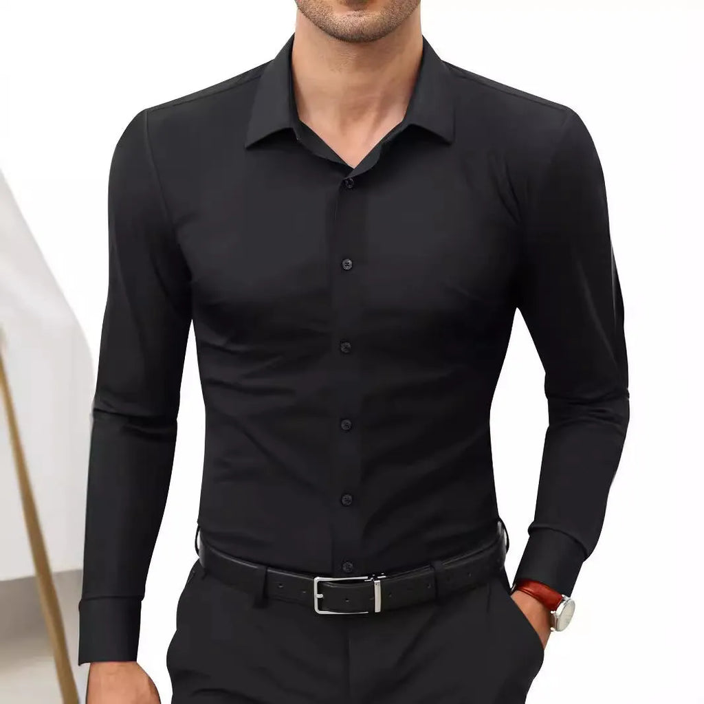 Men's long sleeve full elastic force shirt in solid colour, cardigan style, polyester fabric