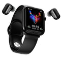 Black smartwatch with touch screen and detachable Bluetooth earpieces in charging case.