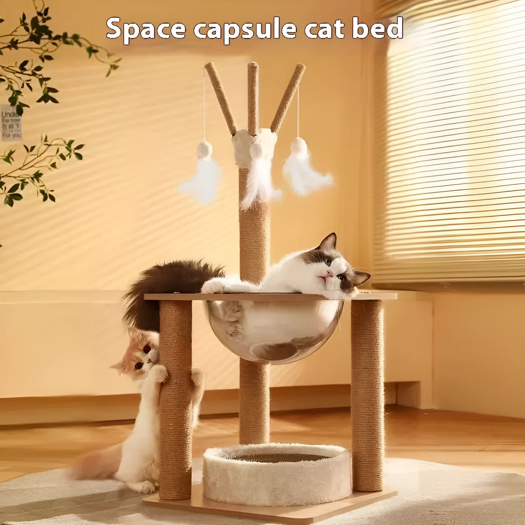 Wooden cat climbing frame with sisal scratching posts, perches, and a built-in space capsule pod in luxury colour