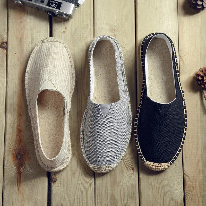Men's canvas shoes in black, round toe casual slip-on style with breathable fabric