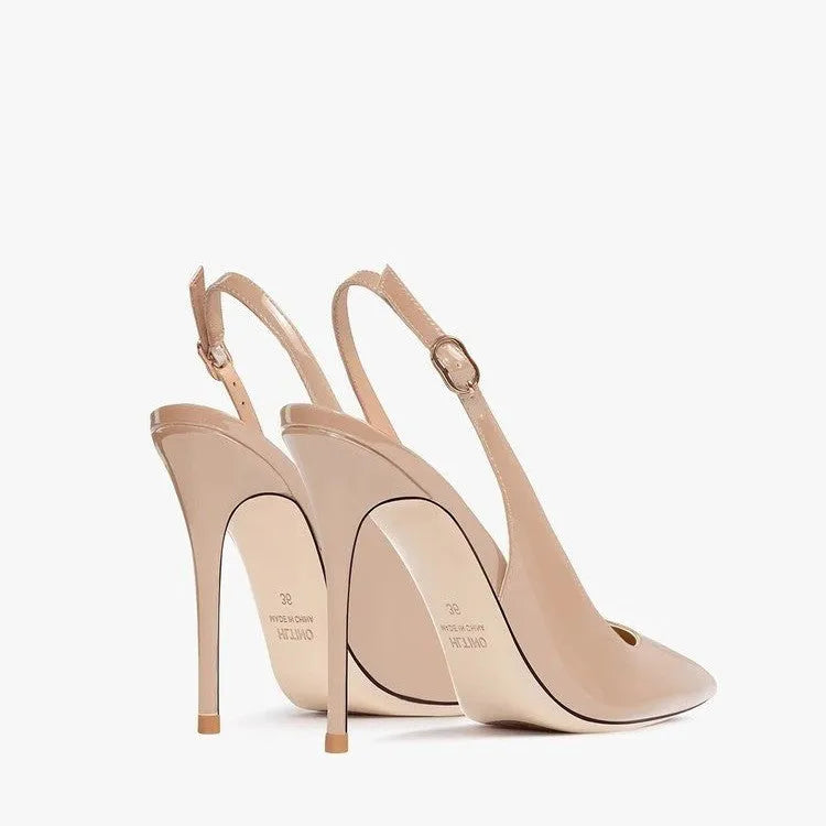 Women's nude ankle-strap high heels with hollow design and button fastening