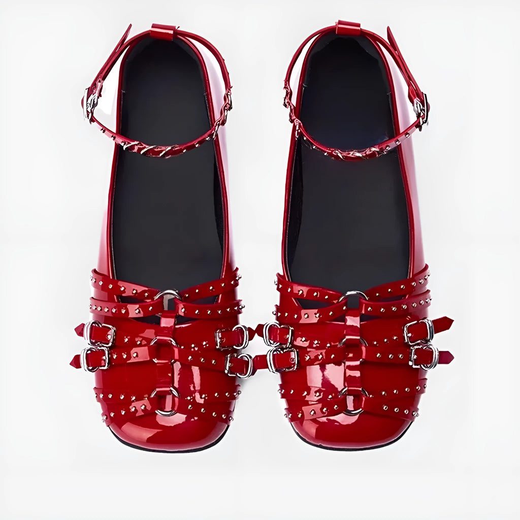 Women's black genuine leather retro buckle pumps with flat heel, square toe, and metal rivet decoration.