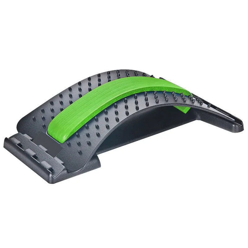 Adjustable back massager stretcher with magnetic therapy points on a black and purple background.