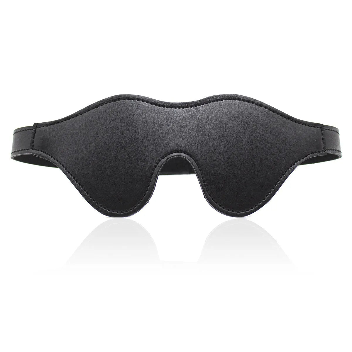 Women's black leather eye mask with 3D shape, Velcro strap, and metal rivet details.