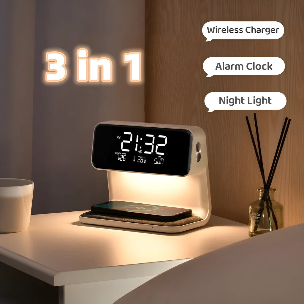 White 3-in-1 bedside lamp with wireless charging pad, LCD clock display, and touch controls.