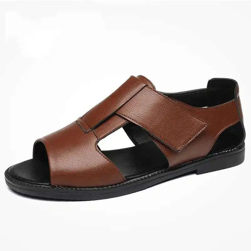 Men's black and brown leather Roman sandals with open toe design and non-slip rubber soles