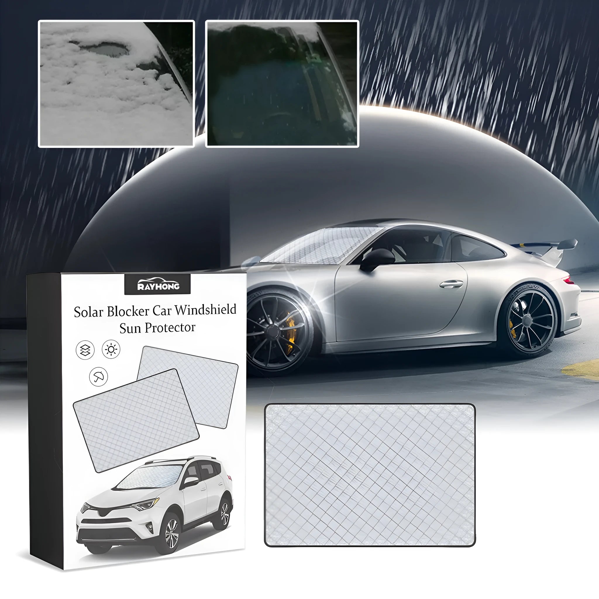 Aluminium film car windshield frost cover measuring 140 x 95 cm with nylon construction