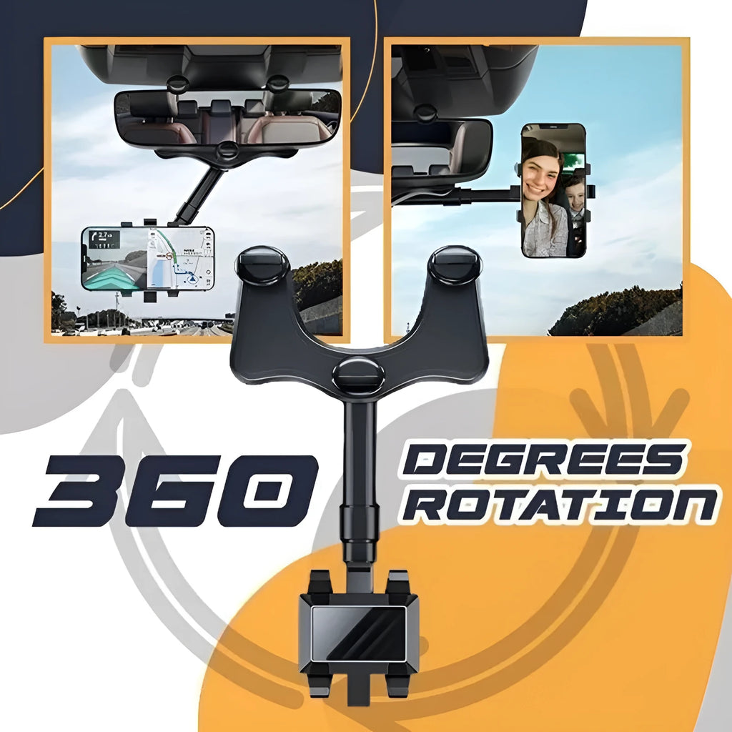 Black rearview mirror car phone holder with telescopic arm and four-claw bracket on a car mirror.