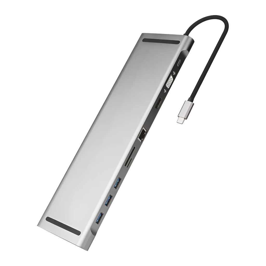 Grey aluminium ten-port docking station with cooling bracket showing HDMI, VGA and USB ports
