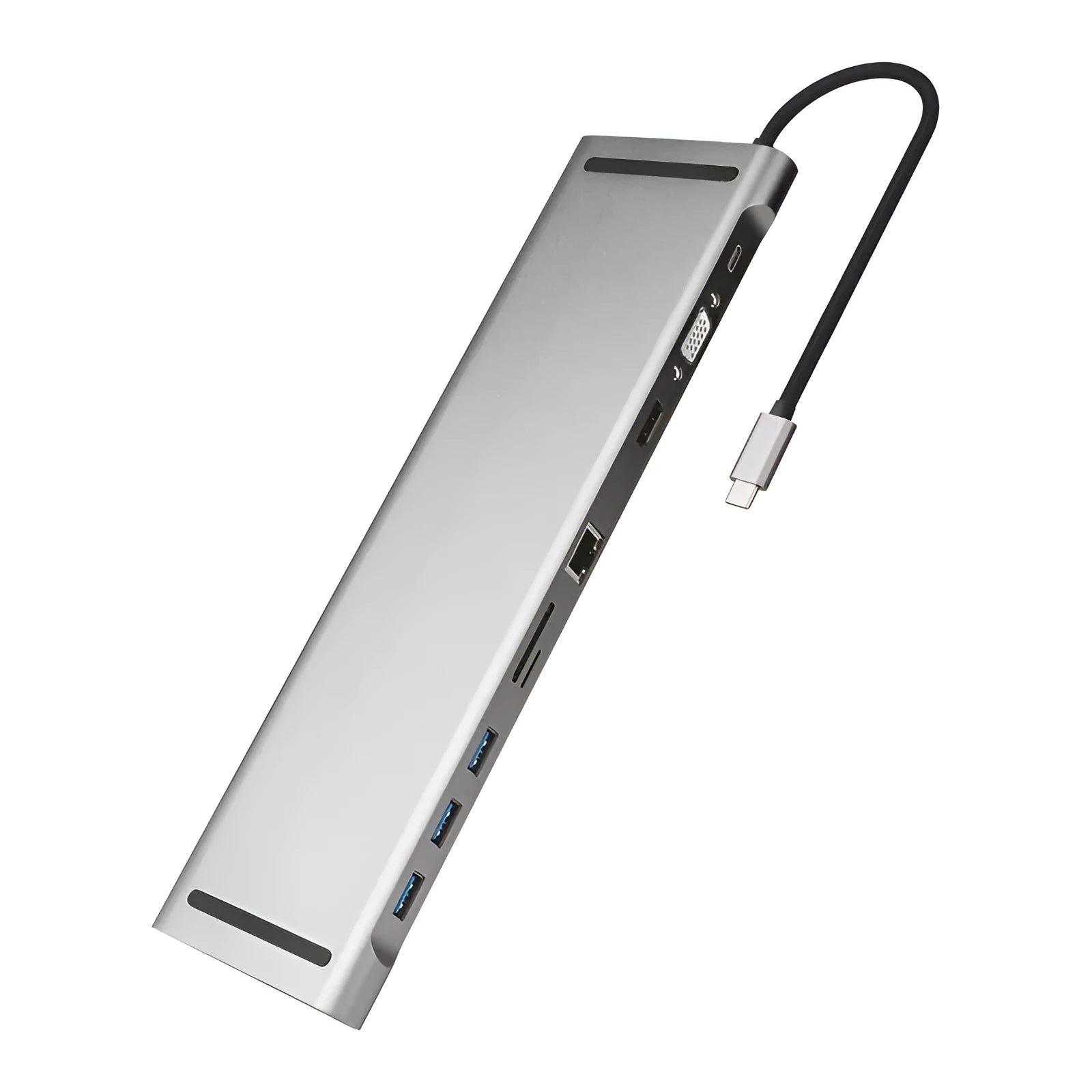 Grey aluminium ten-port docking station with cooling bracket showing HDMI, VGA and USB ports