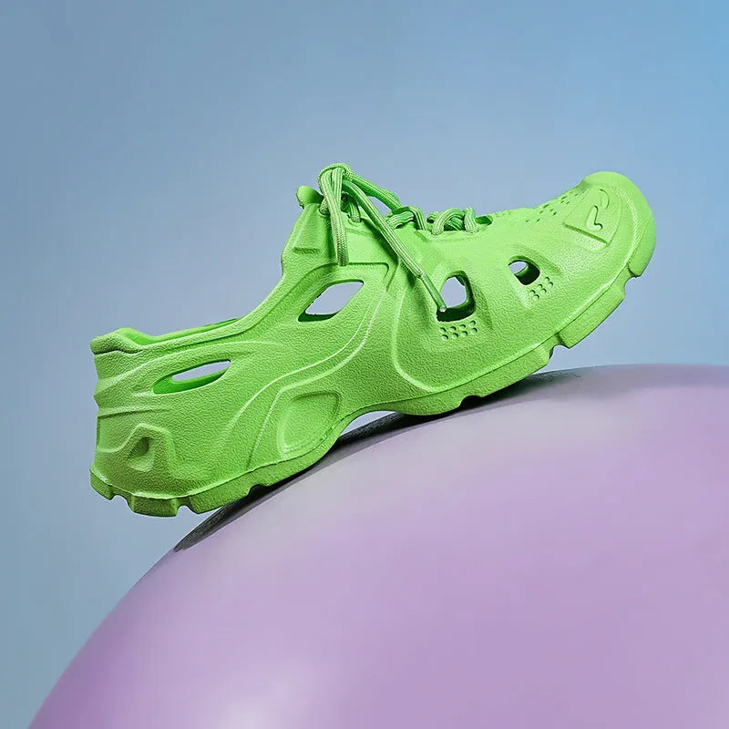 Unisex adult EVA sandals with thick sole in fluorescent green, orange red, and rose red colours