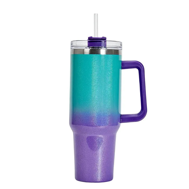 Stainless steel vacuum insulation cup in rainbow gradient colours showing double-layer construction