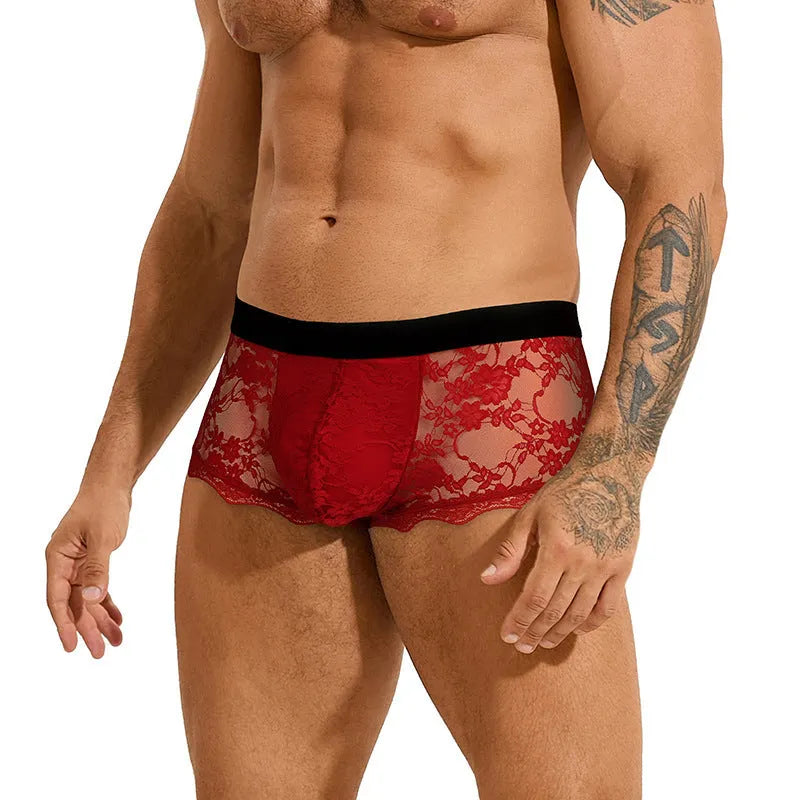 Men's black nylon lace briefs with hollow out see-through design