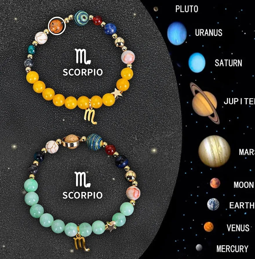 Two natural stone beaded bracelets with zodiac charms on an elastic string, showing the adjustable fit.
