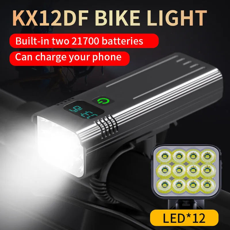 Black KX12DF digital bicycle headlight with display screen mounted on 360-degree quick-release bracket.
