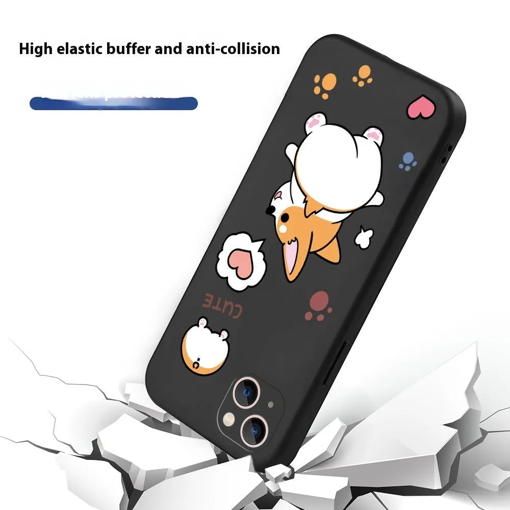 Corgi cartoon TPU phone case in classic black colour, shockproof anti-fall design for iPhone.