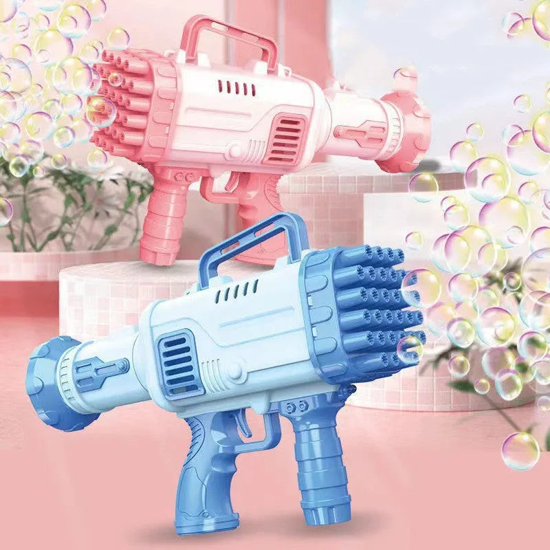 Children's electric bubble gatling gun toy with 32-hole barrel and LED lights in cherry pink colour.