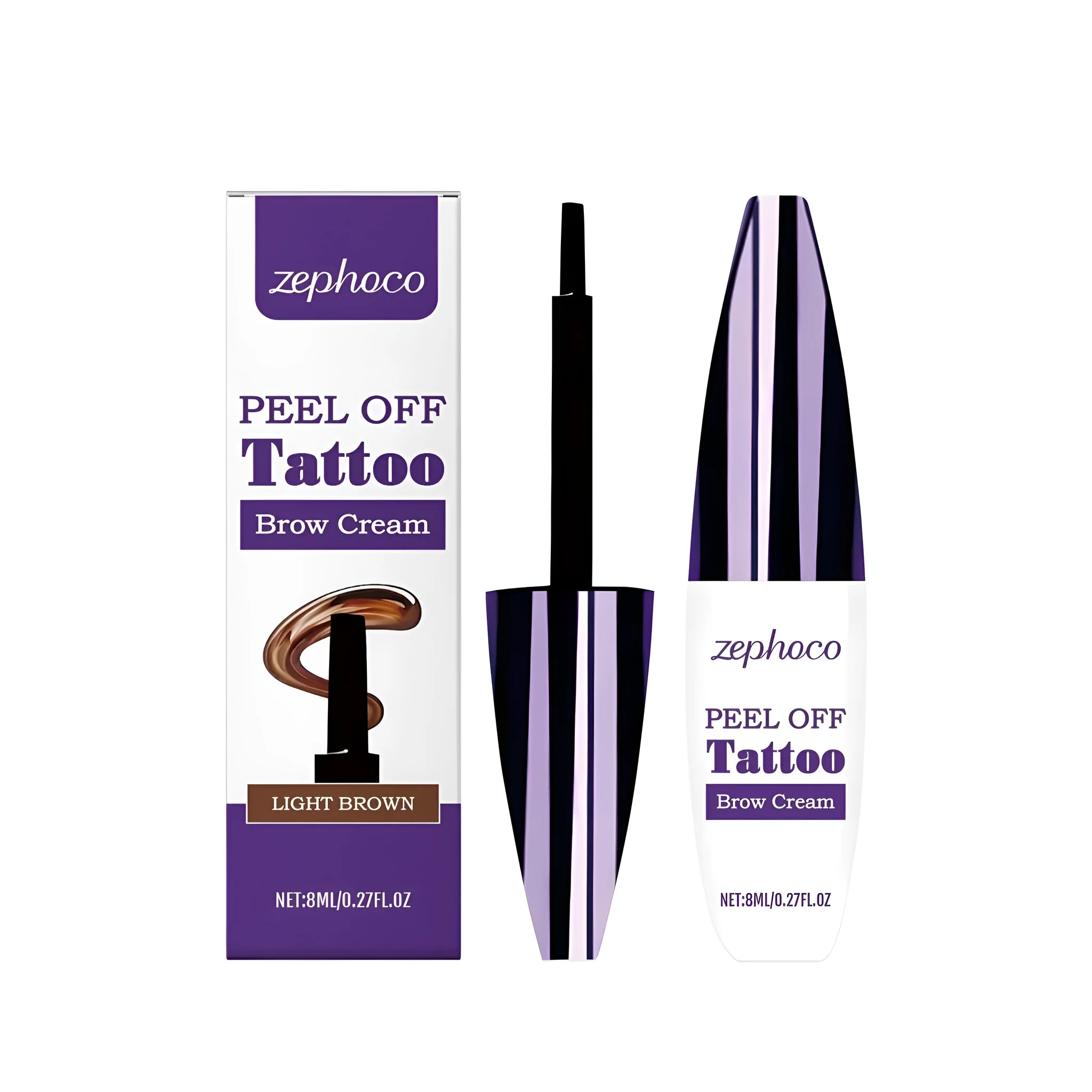 Tearable Liquid Eyebrow Pencil in hand, showing tapered tip and paper wrapping, with Black, Brown, Light Brown shades.