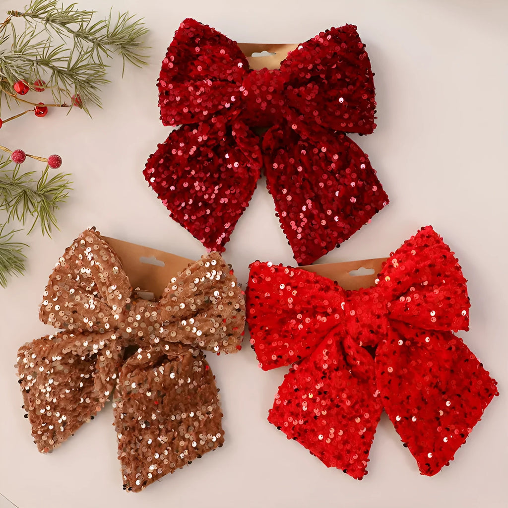 25cm red paillette Christmas sequin bow pendant on white background