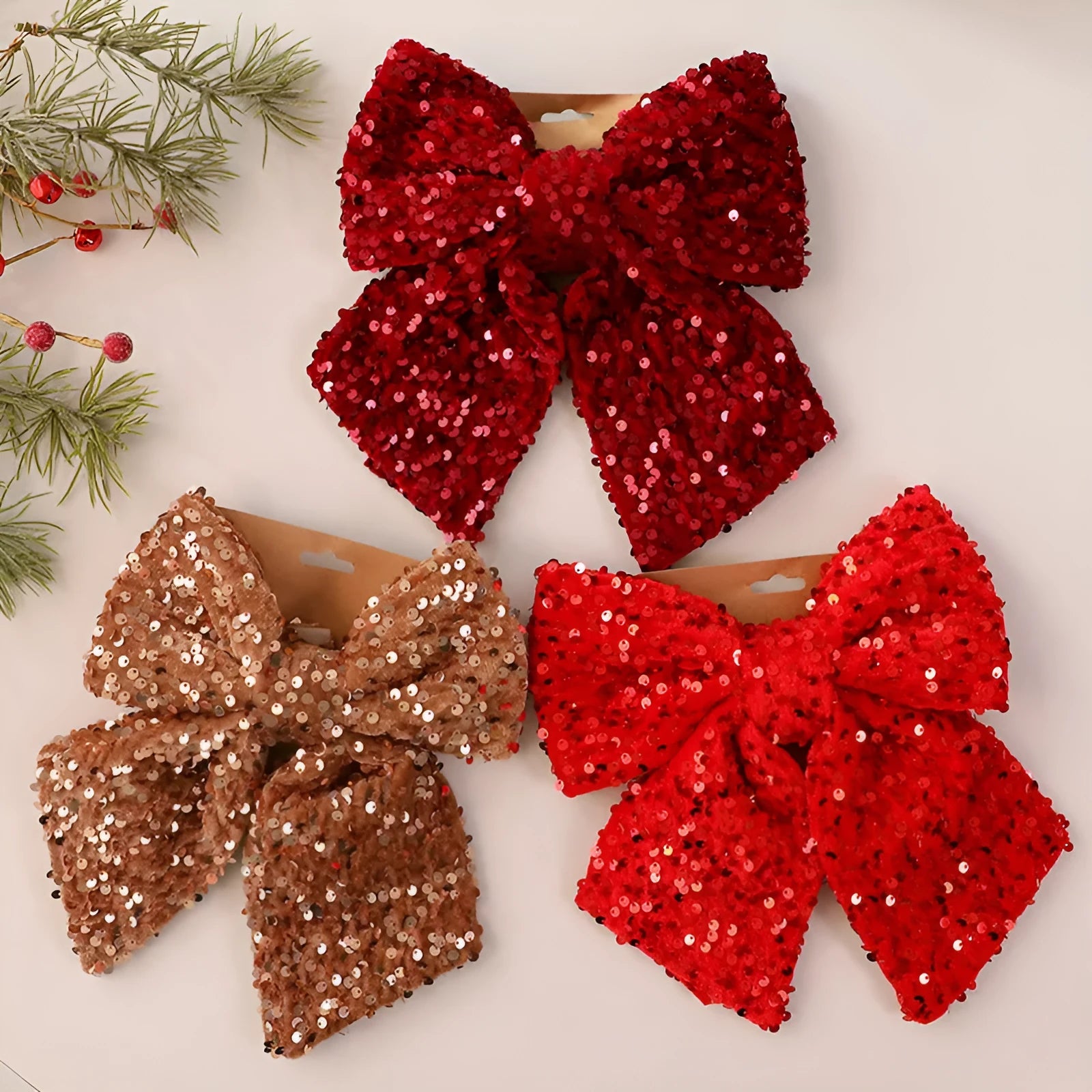 25cm red paillette Christmas sequin bow pendant on white background