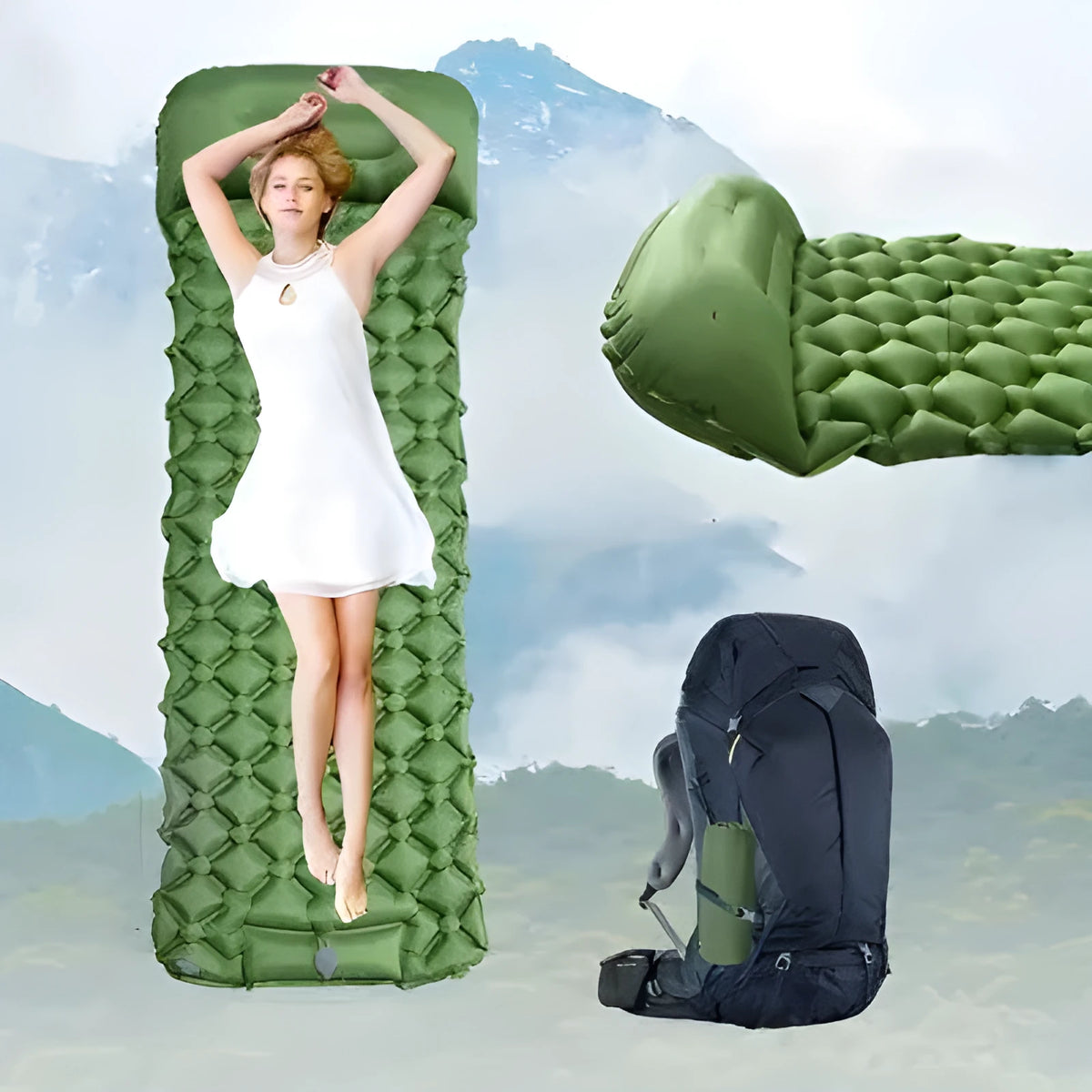Outdoor single diamond TPU inflatable mattress 190x60x5cm with foot pillow in Army Green on grass