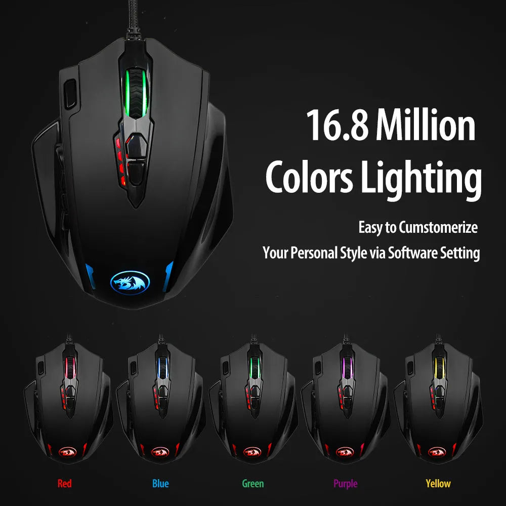 Redragon M908 One-Hander Macro Defines gaming mouse in black with ergonomic leather grip and side button cluster