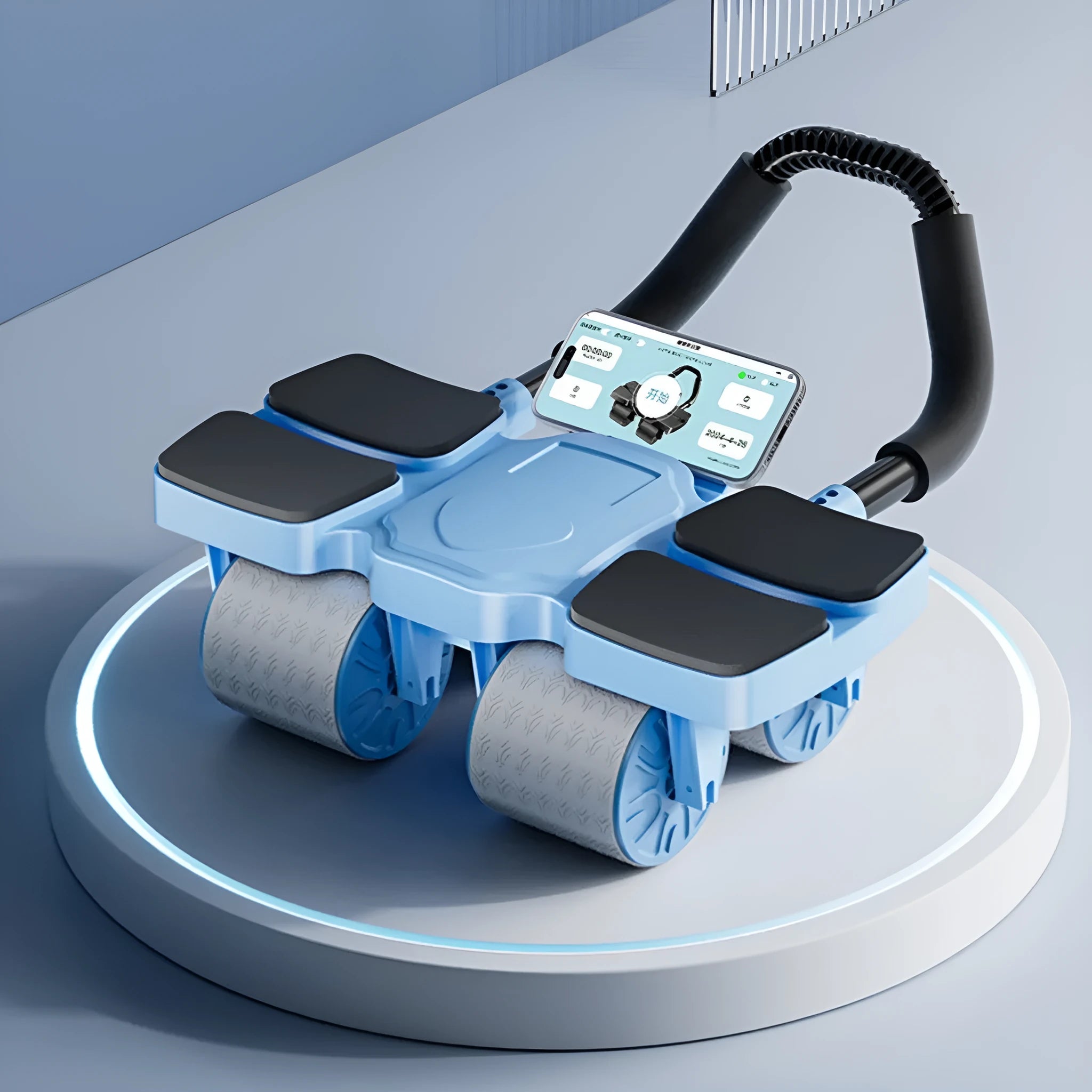 Black four-wheel abdominal roller with automatic rebound mechanism on a wooden floor