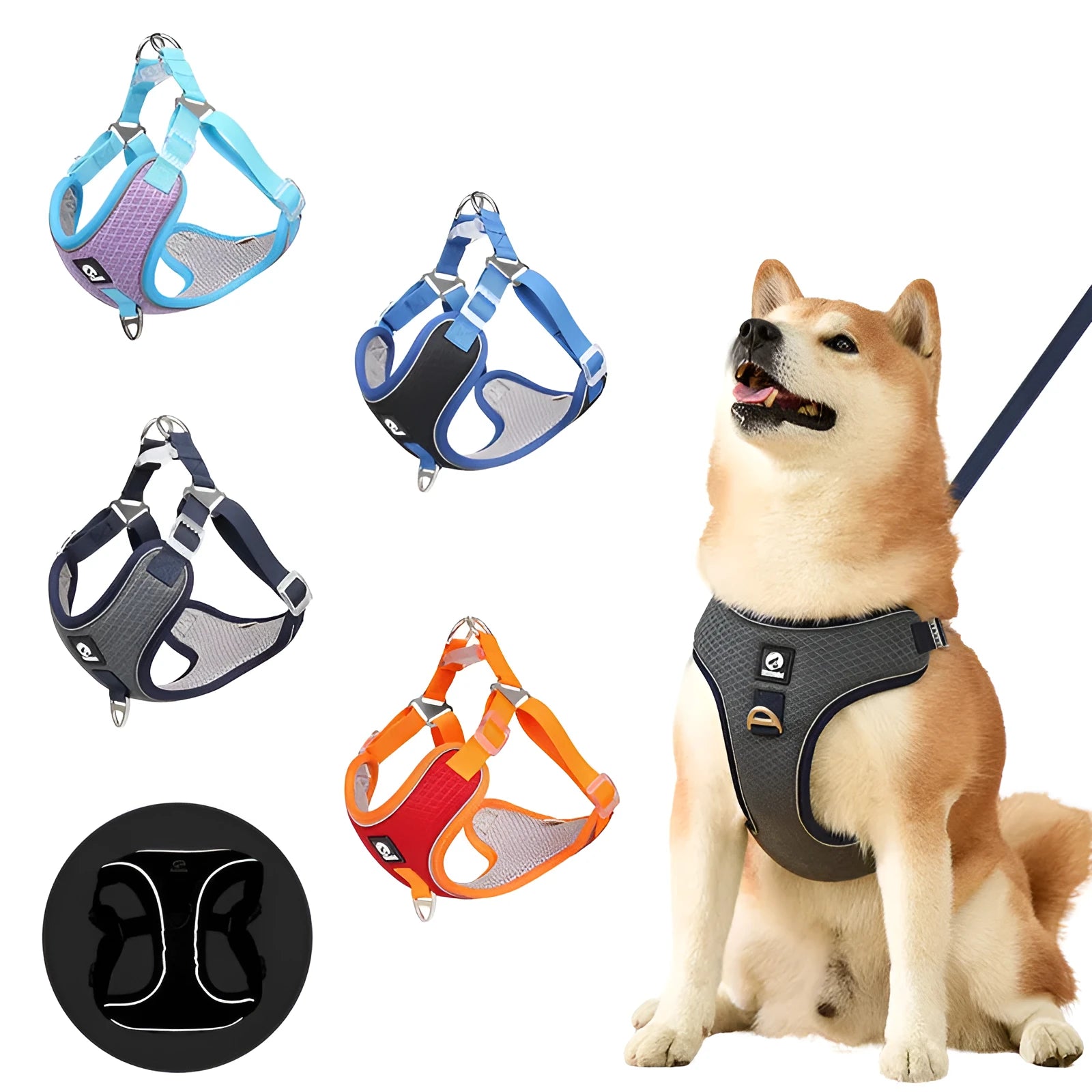 Adjustable mesh dog harness with reflective piping in light purple colour on a small dog