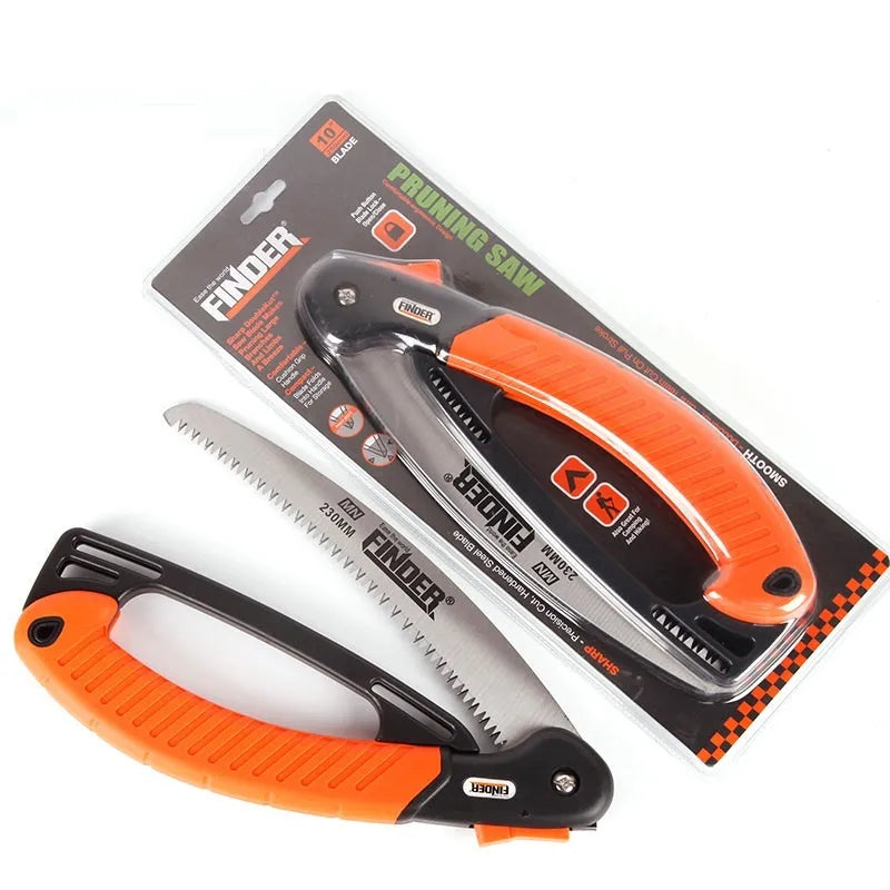 A closed and open view of a folding hand saw with a black TPR grip and a silver 65MN steel blade.