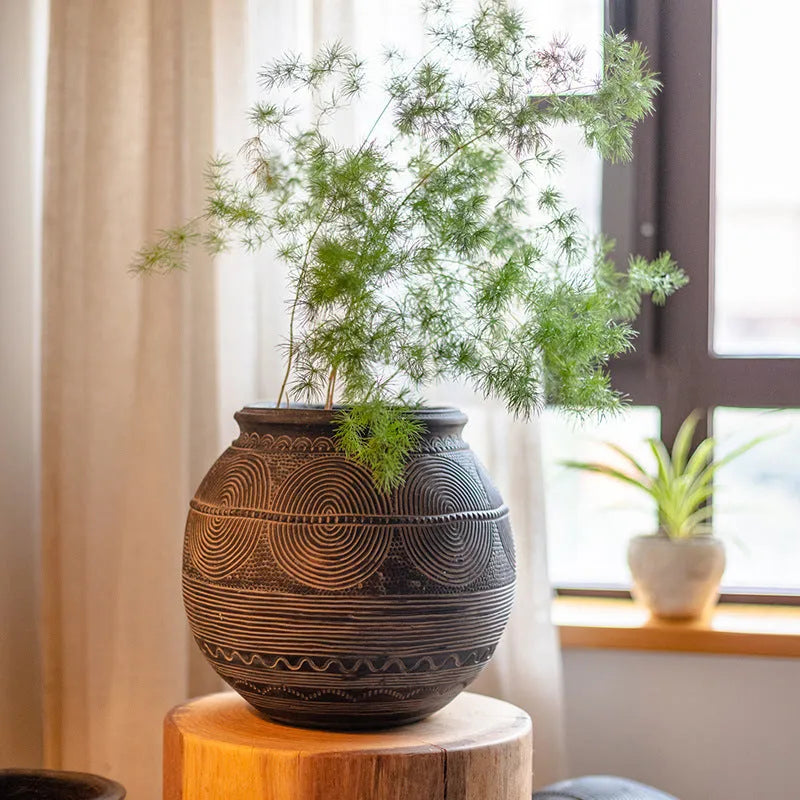 Cement African art ancient pot decorative flower pot medium size with drainage holes